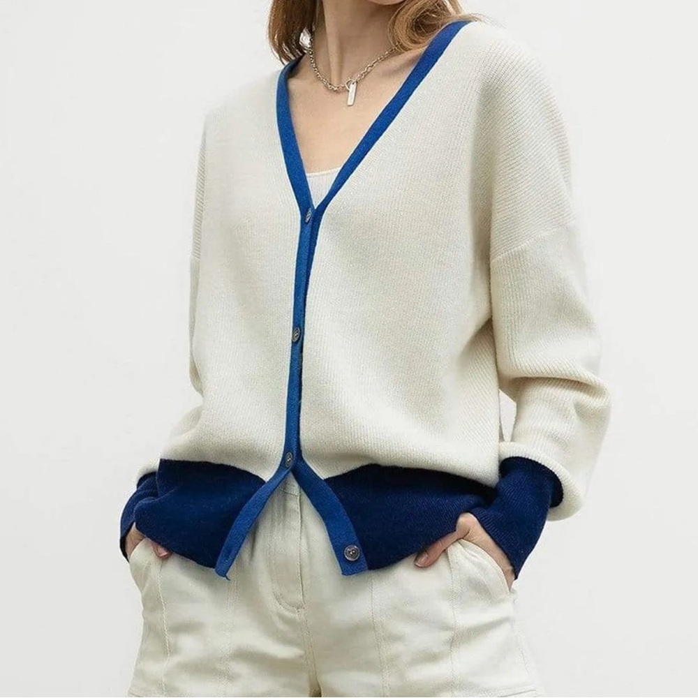 J.ING Cream and Navy Cardigan Sweater S/M